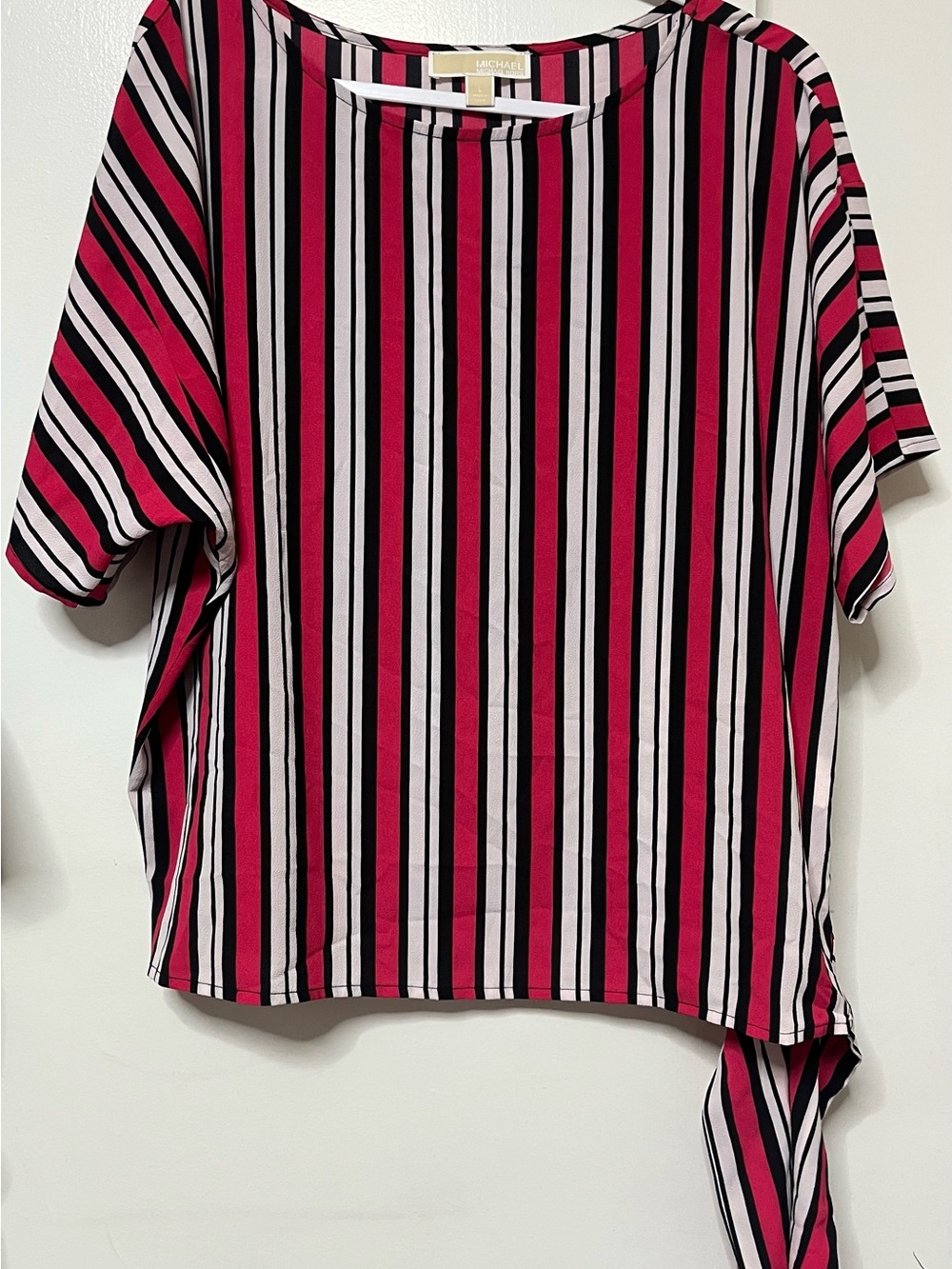 Michael Kors Red, Black & White Striped Short-Sleeve Top with Side Tie